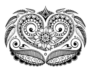 A heart surrounded by mahendi leaves in black and white. Vector illustration