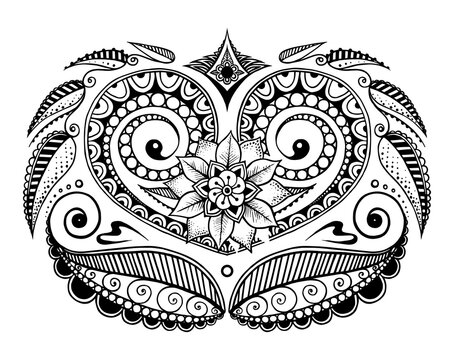 A heart surrounded by mahendi leaves in black and white. Vector illustration