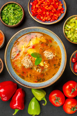 top view tasty meat soup with fresh vegetables on a dark background food dish photo meal