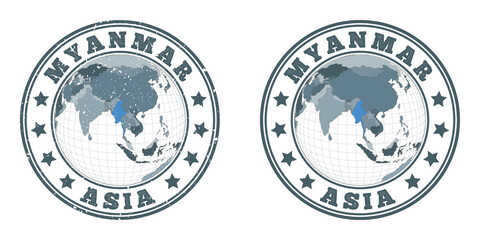 Myanmar round logos. Circular badges of country with map of Myanmar in world context. Plain and textured country stamps. Vector illustration.