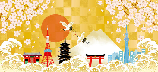 富士山や桜のある日本 東京 の街並み Wall Mural Wallpaper Murals ヨーグル