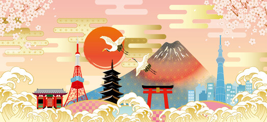 富士山や桜のある日本 東京 の街並み Wall Mural Wallpaper Murals ヨーグル