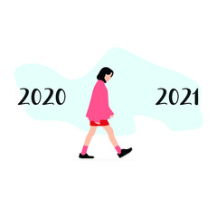 girl walking from 2020 to 2021 isolated white background