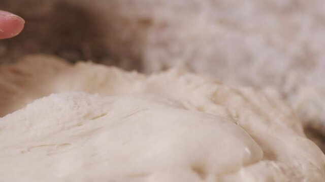 Person mixing sourdough starter into a bowl of dough