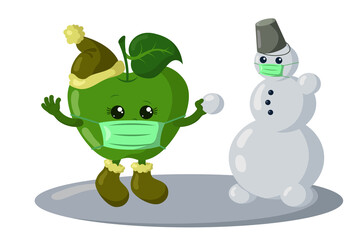 Cute kawaii apple with winter shoes, warm hat and medical protective face mask making a snowman. Colored isolated vector illustration in flat design with shadows