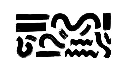 Black paint brush strokes vector collection. Hand drawn curved and wavy lines with grunge rectangles. Chaotic ink brush scribbles decorative set. Messy doodles, bold curvy lines illustration.