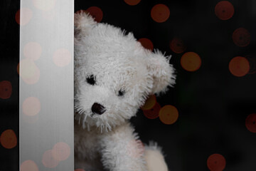 Broken heart or Loneliness concept. alone teddy bear Sit by the door with blur bokeh. symbol for neglect, sadness, solitary, disappointed.