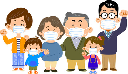 マスクをつけた三世代家族　シニア中心
