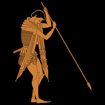 Young ancient Greek warrior with a spear. Vase painting style. 