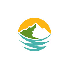 Mountain landscape logo. Mountain with river and sun flat logo template