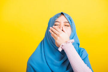 Asian Muslim Arab, Portrait of happy beautiful young woman Islam religious wear veil hijab funny...
