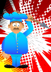 Fat male cartoon chef in uniform holding spear in his hand. Vector illustration.