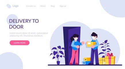 Courier hands over the parcel to the client. Express delivery of packages, goods to the home. Parcels delivery service. Vector illustration, flat design cartoon style. Online delivery