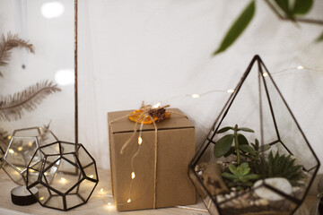 Gift A Christmas present in eco-friendly cardboard packaging on a shelf with glass tops and terrariums for succulents under the light  garland. Fashionable interior. geometric shapes.