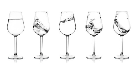Glass glasses with drinking water on a white background collage