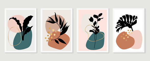 Botanical and gold abstract wall arts vector collection.  Golden and luxury pattern design with leaves line arts, Hand draw Organic shape design for wall framed prints, canvas prints, poster, home dec © TWINS DESIGN STUDIO