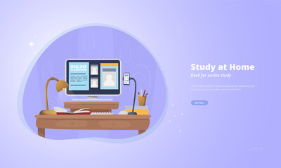 Stay learn from home with setup desk for online study concept