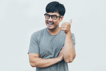 adult asian man.young male wear eye glasses.posing smiling look excited surprised thinking positive happy joy life.empty,copy space for text advertising.white background.attractive fashion people