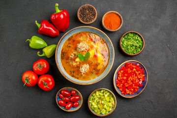 top view delicious meat soup with fresh vegetables on dark background photo meal food