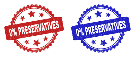 Rosette 0% PRESERVATIVES seal stamps. Flat vector grunge watermarks with 0% PRESERVATIVES caption inside rosette with stars, in blue and red color variants. Watermarks with grunge texture.