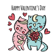 BOUQUET FOR CAT Gives To Beloved Kitty Who Cuddles Lovely Cat Boy Day Of Lovers Valentine Cartoon Animals Hand Drawn Clip Art Vector Illustration For Print