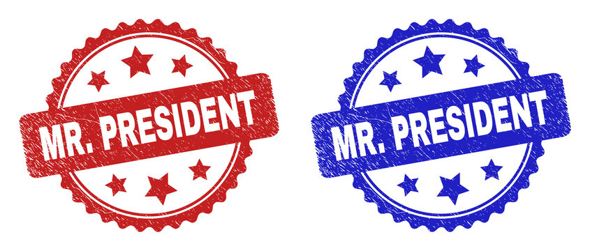 Rosette MR. PRESIDENT seal stamps. Flat vector textured seal stamps with MR. PRESIDENT message inside rosette with stars, in blue and red color versions. Rubber imitations with corroded texture.