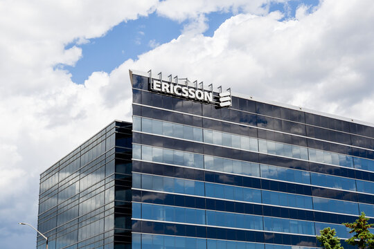 Mississauga, Ontario, Canada - June 6, 2020: Ericsson sign on the building of Ericsson Canada Corporate Office in Mississauga, a Swedish networking and telecommunications company. 