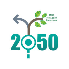Achieving CO2 net-zero emissions by 2050 typographic design. Timeline junction infographic concept. Vector illustration outline flat design style. - obrazy, fototapety, plakaty