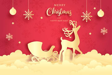 Christmas card with reindeer. Paper cut vector illustration