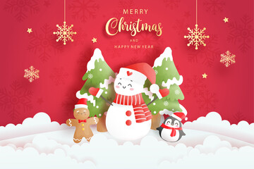 Christmas card with cute snowman, paper cut vector illustration