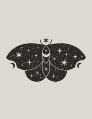 Mystical Black Butterfly in Trendy Boho Style. Vector Magic Moth Silhouette with Stars and Moon for printing on wall, T-shirt, tattoo, social media post and stories