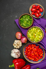 top view fresh vegetables with pepper and garlic on a dark background salad ripe meal color