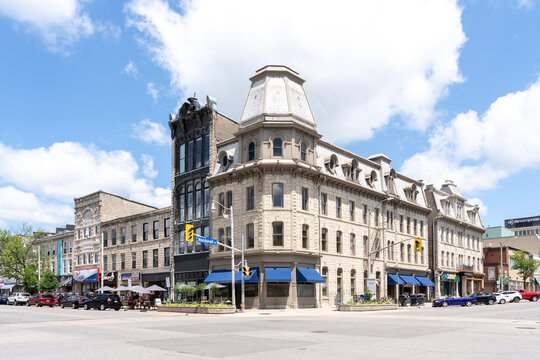 Guelph, On, Canada - June 28, 2020: Street view of City of Guelph at Macdonell St. and Wyndham St. in Guelph, Ontario, Canada. The city of Guelph is a community in the heart of southern Ontario. 