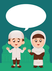 Set of Simple Cute Muslim or Moslem Kids Boy and Girl Smile and Waving Hand With Speech Bubble Illustration Concept