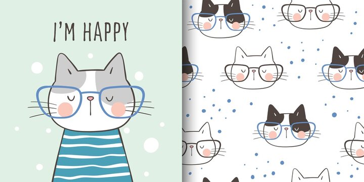 Draw greeting card and print pattern cat for kid.