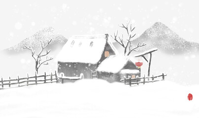 Hand painted winter cottage water ink snow landscape illustration