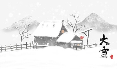 Winter ink snow landscape illustration