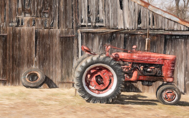 Photograph of a weathered farm barn with exposed, rustic wood with a red Farmall tractor.
