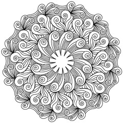 Ornate zen mandala with many spiral curls and tangles, doodle antistress coloring round shape page with fantasy patterns