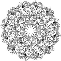 Ornate zen mandala with many spiral curls and tangles, doodle antistress coloring round shape page with fantasy patterns