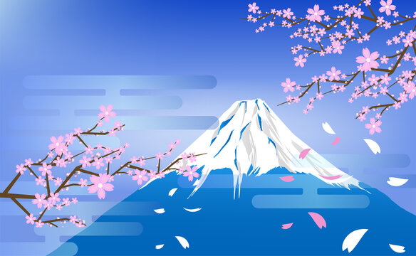 青い空と富士山と桜の木と花びらの風景イラスト