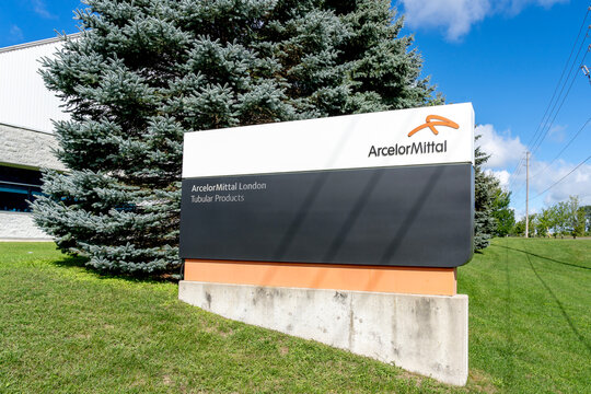 London, Ontario, Canada - August 30, 2020:  ArcelorMittal sign in London, Ontario, Canada. ArcelorMittal S.A. is an Luxembourgish multinational steel manufacturing corporation. 