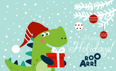 Cute winter holiday illustration with funny dinosaur. Christmas and Happy Holidays vector card