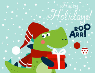 Cute winter holiday illustration with funny dinosaur. Christmas and Happy Holidays vector card