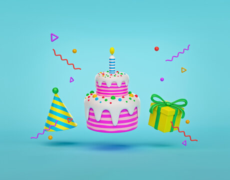 Gift Box With Birthday Cake and decorations. colorful birthday party poster. 3d rendering