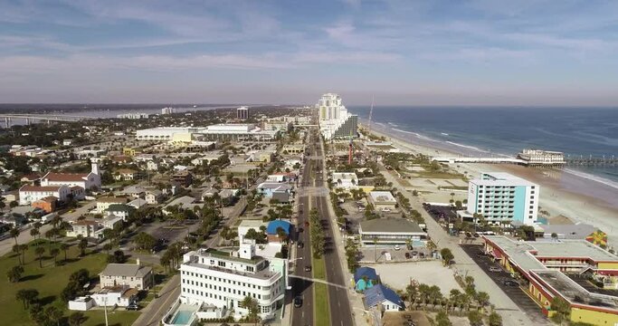 "Daytona Beach, FL USA - 12-10-2020: 4K drone video clip over A1A showing off the iconic Daytona Beach skyline and amusements."