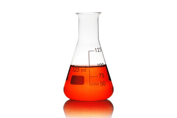 Laboratory equipment, Erlenmeyer Flask filled by liquid with reflection isolated on white background.