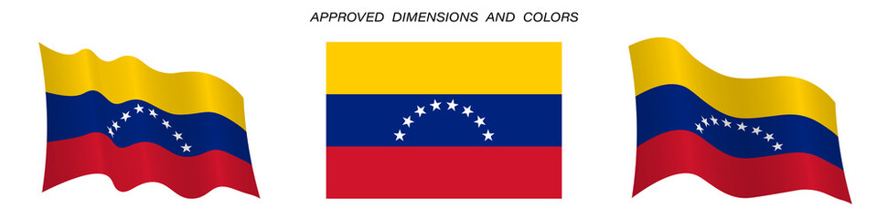 Venezuela flag in static position and in motion, fluttering in wind in exact colors and sizes, on white background