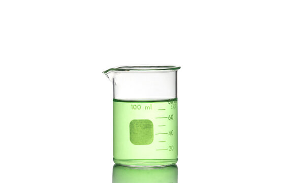 Laboratory equipment, beaker filled by green liquid with reflection isolated on white background.