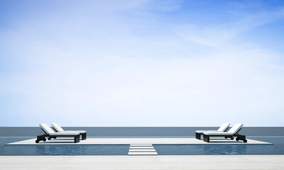 Fototapeta na wymiar luxury villa beach lounge mock up and sea sky background with beautiful morning scene